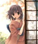 1girl blush brown_hair furu hentai japanese_clothes leaf leaves maple_leaf maple_leaves mouth_hold short_hair solo