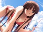 1girl barefoot beach bikini breasts brown_eyes brown_hair cleavage cloud drink game_cg hashimoto_takashi hentai hiiragi_ayumi long_hair sky solo swimsuit white_breath