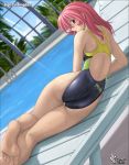 1girl 2002 artist_name ass barefoot blush brown_eyes chair clothing competition_swimsuit dutch_angle embarrassed feet female from_behind high_cut_kingdom highleg highleg_swimsuit indoors ladder light_rays long_hair looking_back lounge_chair lying murasaki_nyaa nyanko_batake ocean on_side one-piece_swimsuit pink_hair pool pool_ladder poolside potential_duplicate soles solo sunbeam sunlight swimsuit tank_suit thigh_gap tight water wet window