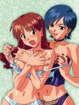  2_girls asuka_(viper) blue_eyes blue_hair bra breasts brown_eyes brown_hair bustier choker clothing crossed_arms earrings female female_only high_resolution jewelry katsura_ken&#039;ichirou lingerie lipstick long_hair makeup miki_(viper) multiple_girls nail_polish navel official_art open_mouth short_hair strap_pull underwear viper viper_(series) viper_ctr yuri 