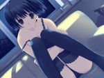 1girl asou_asuna black_eyes black_hair black_legwear black_panties black_thighhighs bob_cut dutch_angle game_cg hentai lace lace-trimmed_thighhighs mitsumi_misato panties short_hair solo strap_slip tenshi_no_inai_12-gatsu thighhighs underwear