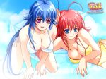  2girls bikini blue_eyes blue_hair bra breasts character_request happy hentai lingerie long_hair multiple_girls red_eyes red_hair series_request sia_(artist) side-tie_bikini swimsuit underwear 