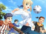  16:10_aspect_ratio angry bandages blonde_hair blue_hair blush brown_hair fate/hollow_ataraxia fate/stay_night fate_(series) green_hair group happy high_resolution long_hair megane potential_duplicate saber short_hair sky soccer sports sweatdrop takeuchi_takashi tree type-moon wallpaper 