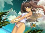  1girl beach black_eyes brown_hair bush casual_one-piece_swimsuit cloud duplicate dutch_angle flower frontal_wedgie hair_ribbon hat hentai lifted_by_self long_hair morii_shizuki ocean one-piece_swimsuit one-piece_tan original petals ribbon ribbons sea self_wedgie sky solo straw_hat sunflower swimsuit swimsuit_pull tan tan_line thighs twintails wallpaper wedgie wind 