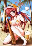 1girl alcohol ball baseball_bat baseball_cap beach beer beer_mug bikini blush breasts erect_nipples hat hentai huge_breasts large_breasts misakura_nankotsu original pink_hair solo swimsuit