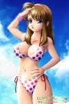 1girl alluring armband bikini blue_eyes breasts brown_hair cloud clouds dead_or_alive erect_nipples hentai hitomi hitomi_(doa) large_breasts onoe polka_dot polka_dot_bikini polka_dot_swimsuit side-tie_bikini sky solo swimsuit tecmo