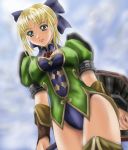 1041_(toshikazu) 1girl alluring alternate_costume blonde_hair blue_eyes bow breasts cassandra_alexandra cleavage gloves green_eyes hair_bow hair_ribbon hair_ribbons hentai light_skin lowres ribbon ribbons shield silf solo soul_calibur soul_calibur_ii soul_calibur_iii soulcalibur soulcalibur_ii thighhighs thighs