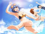 3girls armpits arms_up back beach bikini blue_hair duplicate game_cg hentai kataoka_tomo kick kicking mizuiro multiple_girls one_eye_closed orange_hair red_eyes shindou_mutsuki short_hair sunglasses swimsuit tankini wink