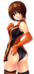  1girl akamaru ass bare_shoulders black_panties blush brown_eyes brown_hair dress elbow_gloves erect_nipples glasses gloves hentai looking_back namco orange_eyes panties race_queen racequeen ridge_racer short_hair smile solo sunglasses thighhighs underwear yellow_eyes yoshino_hitomi 