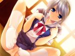  1girl blue_eyes bow clannad dutch_angle feet footwear fumio fumio_(ura_fmo) game_cg hairband headband hentai lingerie long_legs panties pantyshot pink_panties purple_hair sakagami_tomoyo school_uniform serafuku silver_hair sitting skirt skirt_lift socks solo spread_legs toe-scrunch toe_scrunch tomoyo_after underwear 