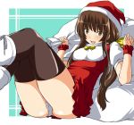  1girl amagami black_eyes black_legwear black_thighhighs blue_eyes boots brown_eyes brown_hair brown_legwear christmas hat kamizaki_risa legs_up long_hair open_mouth panties pantyshot pantyshot_(sitting) pantyshot_sitting sack santa_costume santa_hat shouji_2 shouji_nigou sitting solo thighhighs thighs underwear upskirt white_panties wrist_cuffs 