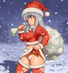  1girl bag blue_eyes christmas erect_nipples fur_trim hat long_hair maagori original panties sack santa_costume santa_hat silver_hair skirt snow solo thighhighs underwear white_panties winter zettai_ryouiki 