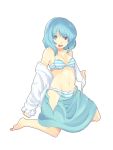 absurdres barefoot blue_bra blue_eyes blue_hair blue_panties bra female full_body hayagiri heterochromia highres kogasa_tatara lingerie panties red_eyes short_hair simple_background solo striped striped_bra striped_panties tatara_kogasa touhou underwear white_background