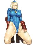  1girl blonde_hair blue_eyes blue_leotard bodypaint braid cammy_white capcom cozy fingerless_gloves garrison_cap hat highleg_leotard leotard necktie scar seiza sitting solo street_fighter thighs thong_leotard twin_braids twintails 