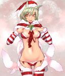 1girl animal_ears bad_id bikini christmas copyright_request detached_sleeves front-tie_top green_hair lowleg lowleg_panties panties santa_costume shirt_lift short_hair sigama sigama_(artist) solo string_bikini striped striped_legwear striped_thighhighs swimsuit thighhighs tongue underwear untied yellow_eyes