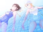 2girls afloat black_hair blonde blonde_hair blue_eyes blue_swimsuit blz braid breasts brown_eyes brown_hair cameltoe cammy_white capcom choker covered_navel floating hachimaki headband large_breasts leotard long_hair makoto makoto_(street_fighter) mizugi multiple_girls name_tag one-piece_swimsuit pool refraction ribbon_choker ripples scar scarf school_swimsuit short_hair shower_cap street_fighter street_fighter_iii street_fighter_iii:_3rd_strike street_fighter_iv swim_cap swimming_cap swimming_pool swimsuit tears twin_braids water wet white_school_swimsuit white_swimsuit