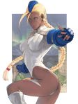  1girl ahoge alternate_color antenna_hair arched_back bad_id braid cammy_white capcom dark_skin fingerless_gloves garrison_cap gloves hat leg_lift leg_up leotard long_hair looking_back md5_mismatch panties scar street_fighter take_no_ko_(dodon) thong thong_leotard twin_braids underwear yuumikouki 