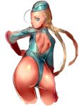  1girl ass cammy_white capcom dodai_shouji garrison_cap hat leotard looking_back simple_background sketch solo street_fighter street_fighter_zero 