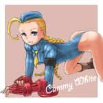  1girl ahoge all_fours antenna_hair ass blonde_hair blue_eyes boots braid cammy_white capcom fingerless_gloves gloves hat leotard long_hair mr_kunimitsu solo street_fighter thong_leotard twin_braids 