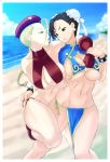 2_girls 2girls abs ahoge antenna_hair bad_id beach beret big_breasts bikini bikini_lift black_eyes black_hair blonde_hair blue_eyes bracelet braid breasts bun_cover cammy_white capcom chun-li double_bun double_buns earrings female fingerless_gloves gloves halter halterneck hat hips huge_breasts jewelry leg_lift loincloth long_hair midriff multiple_girls muscle ocean sand side-tie_bikini spiked_bracelet spikes street_fighter swimsuit tata_(artist) twin_braids underboob yuri