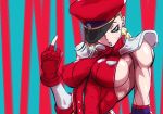  1girl alternate_color alternate_costume blonde_hair blue_eyes braid breasts cammy_white capcom cosplay elbow_gloves fingerless_gloves gloves hat impossible_clothes impossible_clothing impossible_shirt m_bison m_bison_(cosplay) middle_finger muscle scar shirt shoulder_pads sideboob skin_tight solo street_fighter street_fighter_iv turtleneck vega vega_(cosplay) zangif 