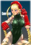 1girl ahoge antenna_hair beret blonde_hair blue_eyes braid breasts cammy_white camouflage capcom covered_nipples elbow_gloves erect_nipples fighting_stance fingerless_gloves gloves hat huge_ahoge large_breasts leotard lips long_hair muscle romehamu scar street_fighter twin_braids