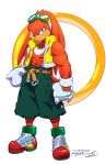 1boy 2012 belt blue_eyes dated furry gloves goggles goggles_on_head jewelry knuckles_the_echidna looking_at_viewer male male_focus mouth_hold muscle parody rat_rage red_hair ring robert_porter scowl sega shorts signature solo sonic_(series) standing style_parody toothpick vest