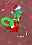 anthro bikini_top blue_eyes blue_hair bottomless breasts christmas cleavage cookie earrings food gloves hat jewelry long_hair milk reptile santa_hat scalie solo stockings