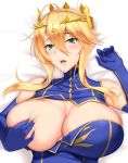 1girl artoria_pendragon artoria_pendragon_(lancer) blonde_hair blue_gloves blush breast_press breasts crown elbow_gloves fate/grand_order fate_(series) hair_between_eyes hand_on_breast heart-shaped_pupils laying_on_bed looking_at_viewer one_breast_out open_mouth shuugetsu_karasu