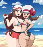 2_girls 2girls areola areola_slip ass back beach big_breasts bikini breasts brown_eyes brown_hair cap clothed clothing collaboration female female_only hair hat heart holding_poke_ball human jinu large_ass large_breasts leaf_(pokemon) long_hair lyra_(pokemon) mergeritter multiple_girls nintendo open_mouth poke_ball pokeball pokemon pokemon_(game) pokemon_frlg pokemon_hgss pokemon_rgby sea seaside skirt small_breasts sweat text thick_thighs twin_tails twintails video_games watermark wet wide_hips