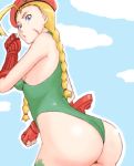  1girl acid_(acid-field) acid_(artist) ass bad_id beret blonde_hair blue_eyes braid cammy_white capcom fingerless_gloves garrison_cap gloves hat leotard solo street_fighter twin_braids 