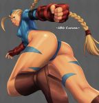  1girl ahoge ass blonde_hair braid cammy_white capcom fingerless_gloves foreshortening garrison_cap gloves hat huge_ahoge iyokawa leotard scar solo street_fighter thong_leotard twin_braids 