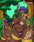 2girls bad_proportions big_breasts breasts dark_skin h_hiroma hair jungle large_breasts maou11 multiple_girls nature plump pubic_hair purple_eyes purple_hair tribal tsukiyotake