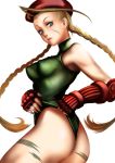  ass ayatori bad_id beret blonde_hair blue_eyes braid breasts cammy_white capcom female fingerless_gloves gloves hat leotard long_hair looking_back scar solo street_fighter twin_braids white_background 