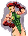 1girl abs ahoge antenna_hair beret blonde_hair blue_eyes braid breasts cameltoe cammy_white camouflage capcom fingerless_gloves gloves hand_on_hip hat huge_ahoge impossible_clothes leotard long_hair muscle scar shopyun skin_tight slender_waist solo street_fighter thong_leotard twin_braids