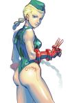  1girl ahoge antenna_hair ass bare_shoulders blonde_hair blue_eyes body_writing braid cammy_white capcom character_name fingerless_gloves garrison_cap gloves hat leotard long_hair solo street_fighter thong_leotard toronku twin_braids v 