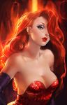 1girl bare_shoulders breasts cleavage disney earrings elbow_gloves face gloves green_eyes hair_over_one_eye high_res highres jessica_rabbit jewelry lips lipstick long_hair makeup orange_hair red_lipstick sakimichan sequins solo who_framed_roger_rabbit