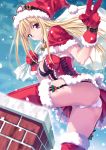  1girl ass blonde_hair breasts bustier chimney christmas cleavage dengeki_hime garter_straps gloves goggles hat konsu_konsuke lingerie original original_character panties pantyshot red_gloves red_legwear red_thighhighs sack santa_costume santa_hat snow solo thighhighs thighs trefoil underwear upskirt white_panties 