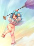 1girl blue_hair blush bottomless censored closed_eyes embarrassing fake_censor female geta groin hair karakasa_obake kogasa_tatara mound_of_venus navel no_panties no_socks open_mouth sankuma short_hair skirt skirt_flip skirt_lift solo tatara_kogasa touhou umbrella wind wind_lift