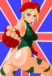  1girl ass bad_id bare_shoulders beret blonde_hair blue_eyes blush braid breasts cammy_white capcom clenched_hand clenched_hands erect_nipples fingerless_gloves fist flag flag_print gloves hat legs leotard lips lipstick long_hair looking_back makani_kohitujito makeup scar solo street_fighter twin_braids union_jack_(object) united_kingdom_(location) 