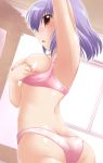  1girl arm_up armpits ass back bra breasts bursting_breasts female iku_nagae large_breasts lingerie nagae_iku nipples no_hat no_headwear panties pink_bra pink_panties profile purple_hair red_eyes short_hair solo touhou underwear underwear_only yoshi_tama 