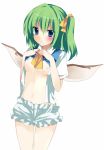 1girl bad_id bloomers blue_eyes breasts daiyousei dress_lift emyu female fujishiro_emyu green_hair hair_ribbon nipples no_bra open_clothes open_shirt ponytail ribbon shirt side_ponytail simple_background solo touhou white_background wings