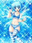 1girl aqua_bra aqua_eyes aqua_legwear aqua_panties arm_garter beads bikini blue_bra blue_eyes blue_hair blue_legwear blue_nails blue_panties blue_thighhighs blush bow bow_bra bow_panties bra cameltoe cirno cute female fingernails flat_chest frilled_bra frilled_legwear frilled_panties frilled_thighhighs frills hair_bow hair_ribbon happy highres ice ice_wings jewelry kamiya_tomoe lace-trimmed_bra lace-trimmed_panties large_bow lingerie long_nails lying midriff nail nail_art nail_polish nails navel necklace on_back open_mouth panties ribbon short_hair small_breasts small_waist smile snowflakes solo sparkle stockings striped striped_legwear striped_thighhighs swimsuit thigh-highs thigh_gap thighhighs thighs touhou underwear underwear_only v wings