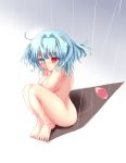 barefoot blue_eyes blue_hair breasts covering female gafuu_ryou heterochromia highres karakasa_obake kogasa_tatara nude rain red_eyes shadow short_hair smile solo tatara_kogasa tears tongue touhou umbrella