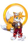 1boy 2012 animal_ears belt blonde_hair blue_eyes character_name clenched_hand dated furry gloves goggles goggles_on_head jacket jewelry looking_at_viewer male male_focus miles_"tails"_prower multiple_tails parody rat_rage ring robert_porter sega signature smile solo sonic sonic_(series) standing style_parody tail