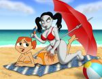 2girls ass ball beach bigtyme bikini black_eyes black_hair breasts buntail frankenweenie gym_teacher_(character) hair looking_back looking_up multiple_girls orange_hair pe_teacher robotboy smile topless twin_tails wide_hips