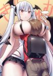 1boy 1girl black_underwear demon_girl embarrassed face_in_breasts hetero huge_breasts micro_bra miniskirt pantyshot_(standing) red_eyes school_bag silver_hair speech_bubble twintails