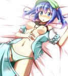 1girl akiyasu blue_eyes blue_hair blush breasts breasts_apart female green_panties hair_bobbles hair_ornament hat kawashiro_nitori key lying nipples nitori_kawashiro on_back open_clothes open_mouth open_shirt panties shirt shirt_lift short_hair skirt skirt_pull solo stare staring touhou twintails underwear