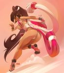 1girl ass big_ass black_eyes blush breasts brown_hair cleavage cosplay dark_skin fan fatal_fury folding_fan hair hair_ribbon king_of_fighters legs long_hair looking_back mai_shiranui panties ponytail ribbon sexy_legs shiranui_mai sideboob snk solo the_king_of_fighters underwear very_long_hair wakfu white_panties xavier_houssin