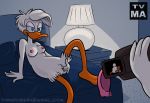  anthro avian bird blue_eyes breasts daisy_duck disney donald_duck female furry masturbation nipples orgasm pussy quack_pack rubbing rule_34 smile solo tvma tvma_(artist) video_camera 